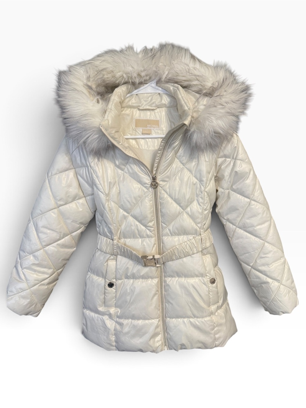 Michael Kors Girls Cream Quilted Hooded Puffer with Faux-Fur Trim